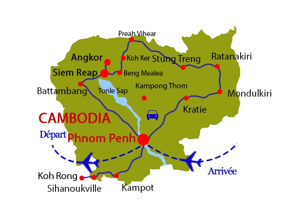 Carte du circuit voyage au Cambodge paysages et culture Khmer par l'agence de voyage locale francophone Tonkin Voygae &agrave; Hanoi Vietnam